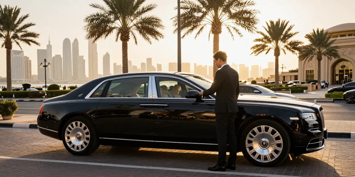 LUXURY 777 tampak di rental mobil mewah di Dubai dengan latar belakang kota yang glamor.