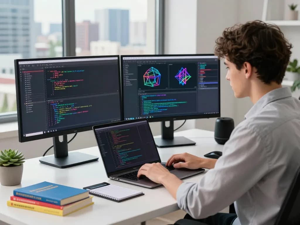 Dynamic developer at modern workspace coding with crush ai on dual monitors in vibrant tech environment.