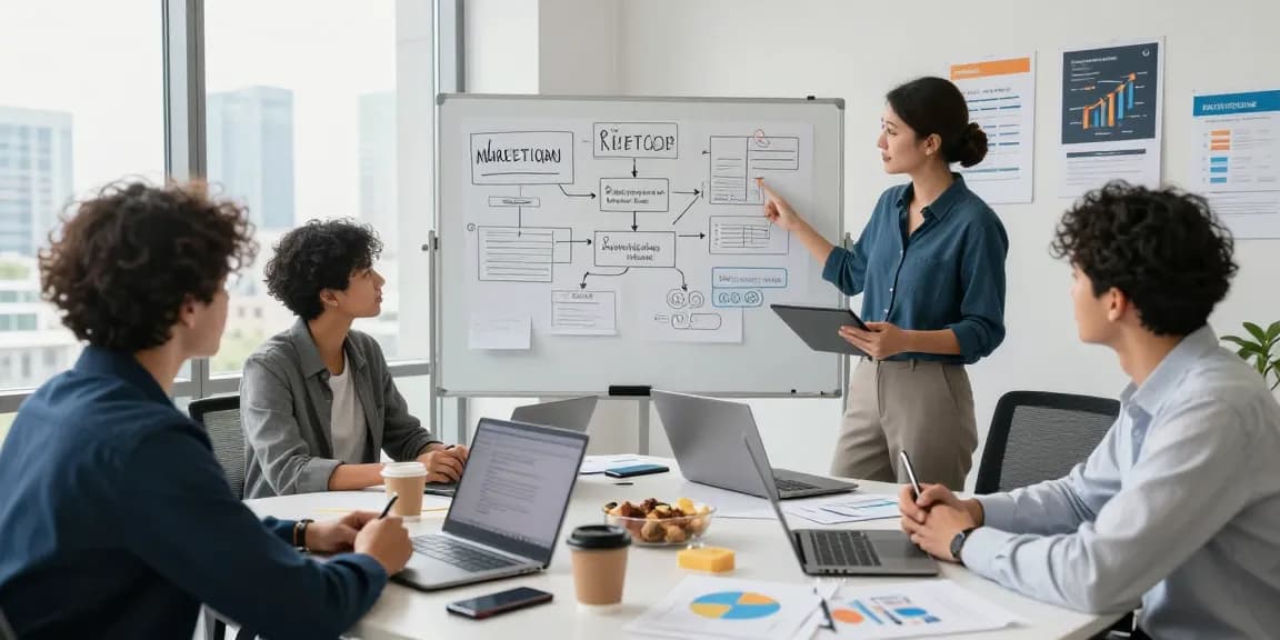 Tim profesional berdiskusi strategi bisnis uangemas99 di ruang kantor modern.
