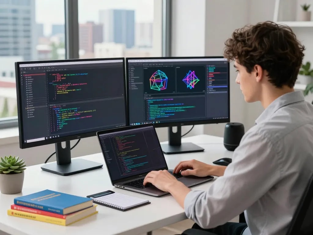 Dynamic developer at modern workspace coding with crush ai on dual monitors in vibrant tech environment.