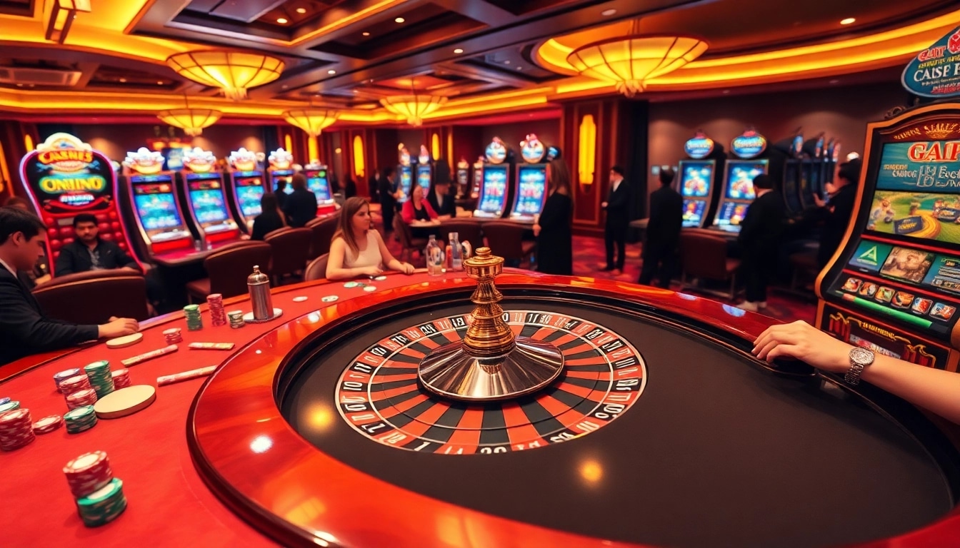 A thrilling scene at GG88 showcasing enthusiastic players at a luxurious casino table with poker chips.