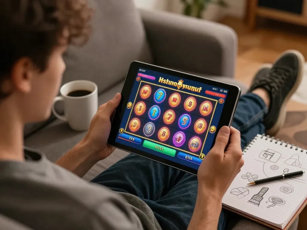 Terlibat dalam permainan slot depo 5k online dengan tablet, menampilkan gulungan berputar yang berwarna-warni.