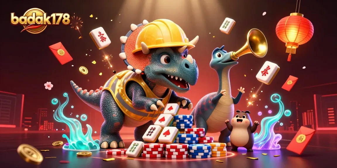 Join the gaming excitement with badak178 as a triceratops celebrates a poker chip pyramid!