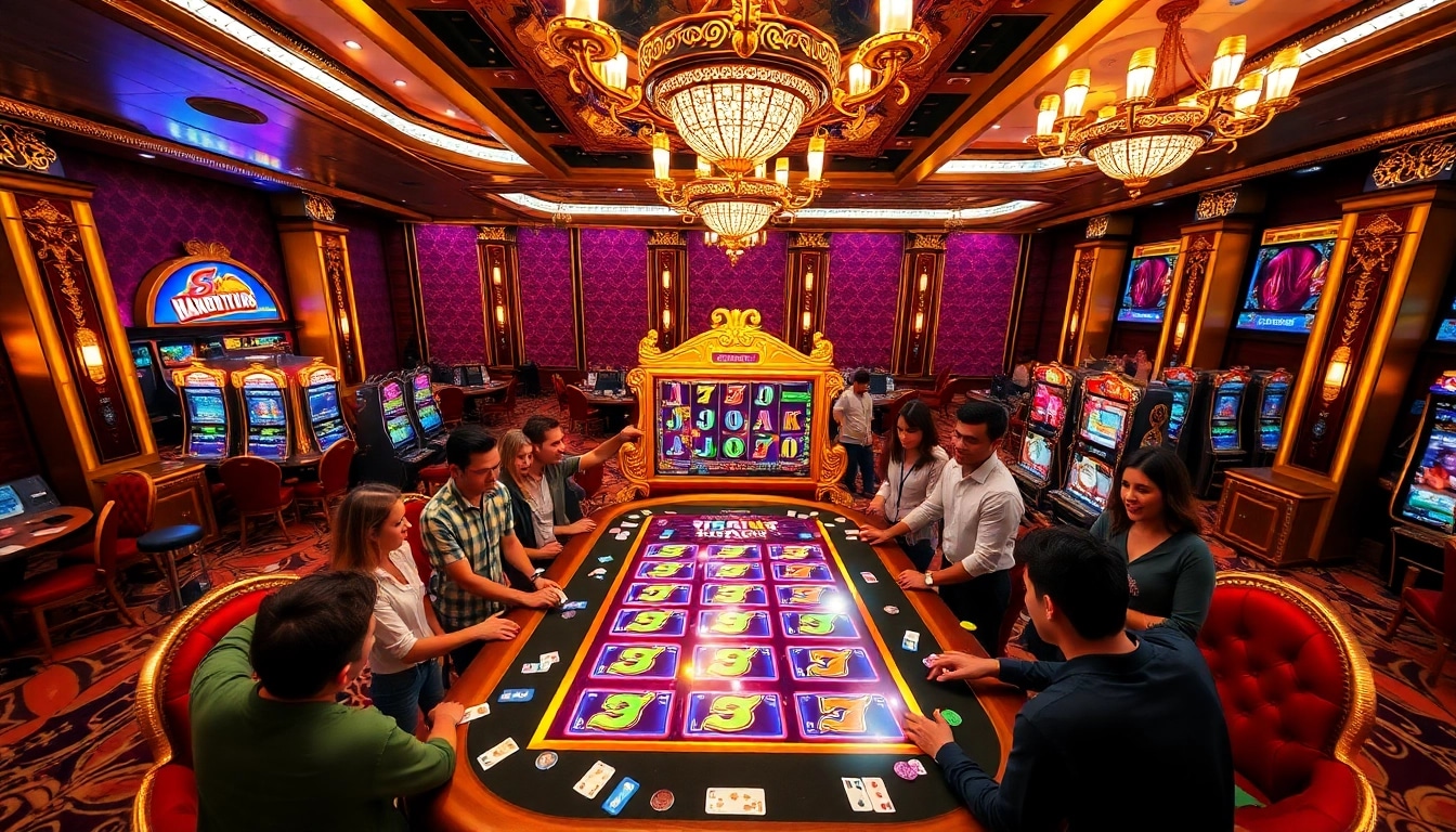 Engaged players enjoying slot online machines in a vibrant casino scene filled with excitement.
