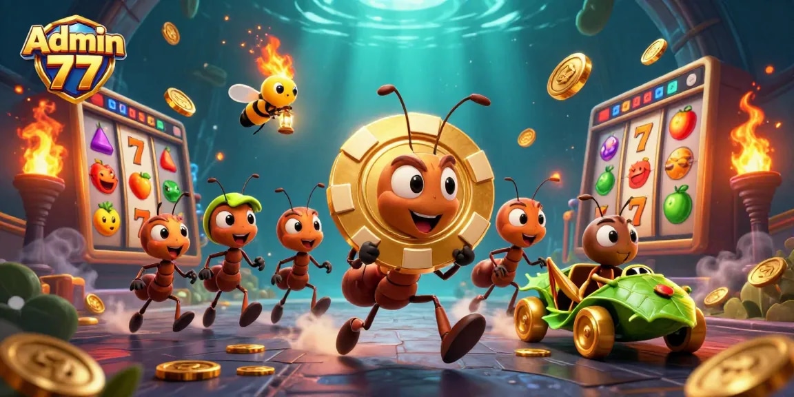 Admin 77 shows a team of ants carrying a giant poker chip while engaging in a thrilling online gambling heist.