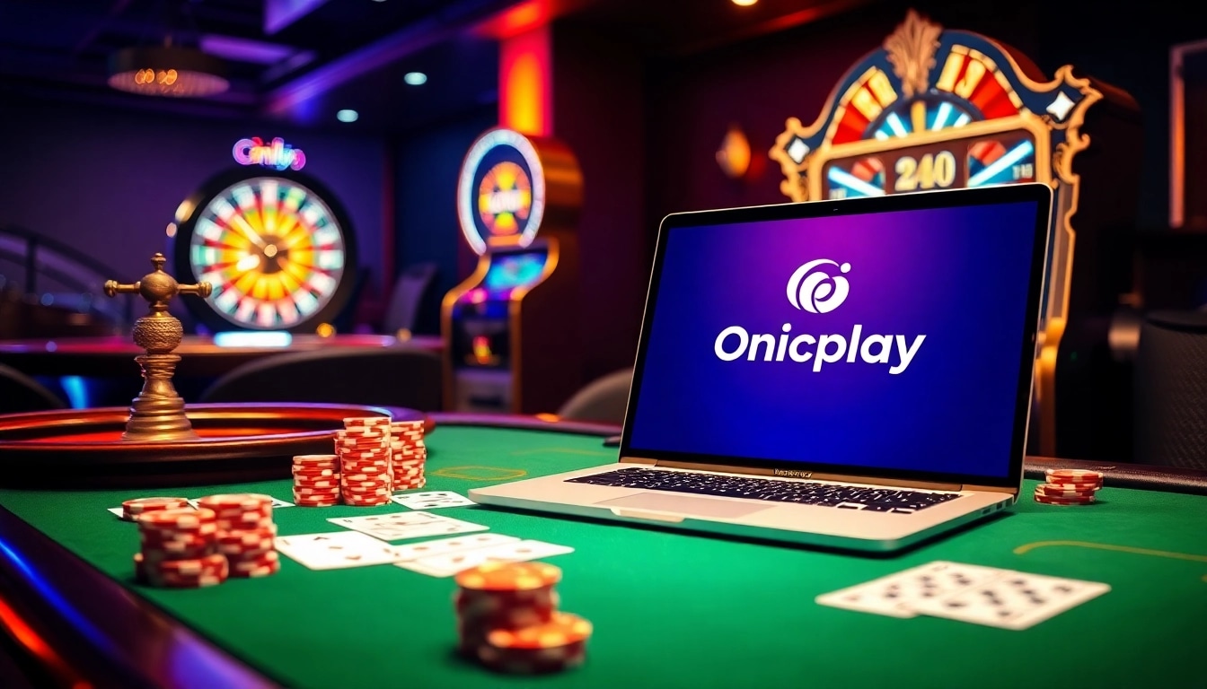 Experience winning strategies with Onicplay, featuring an exciting poker setup and vibrant casino elements.