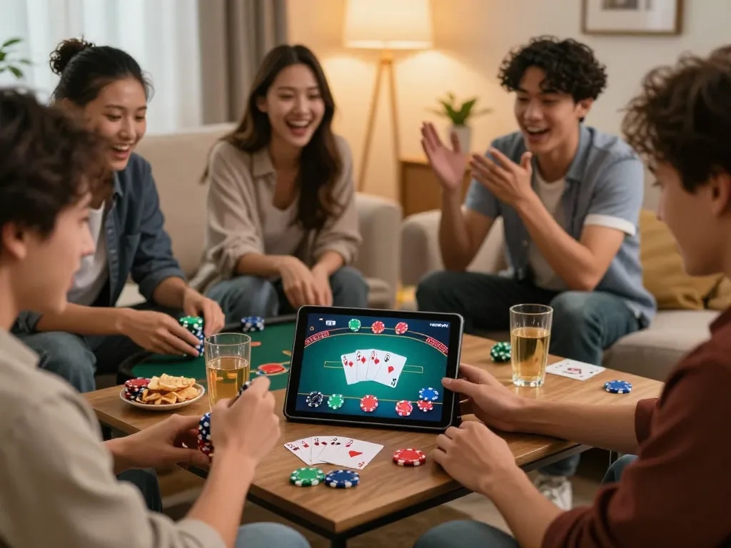 UG DEWA players enjoying online poker night with friends, vibrant cards and chips displayed.
