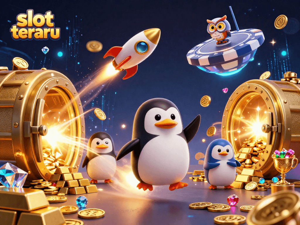 Experience the thrill of 'slot terbaru' with a golden penguin blazing through space toward a casino poker chip.