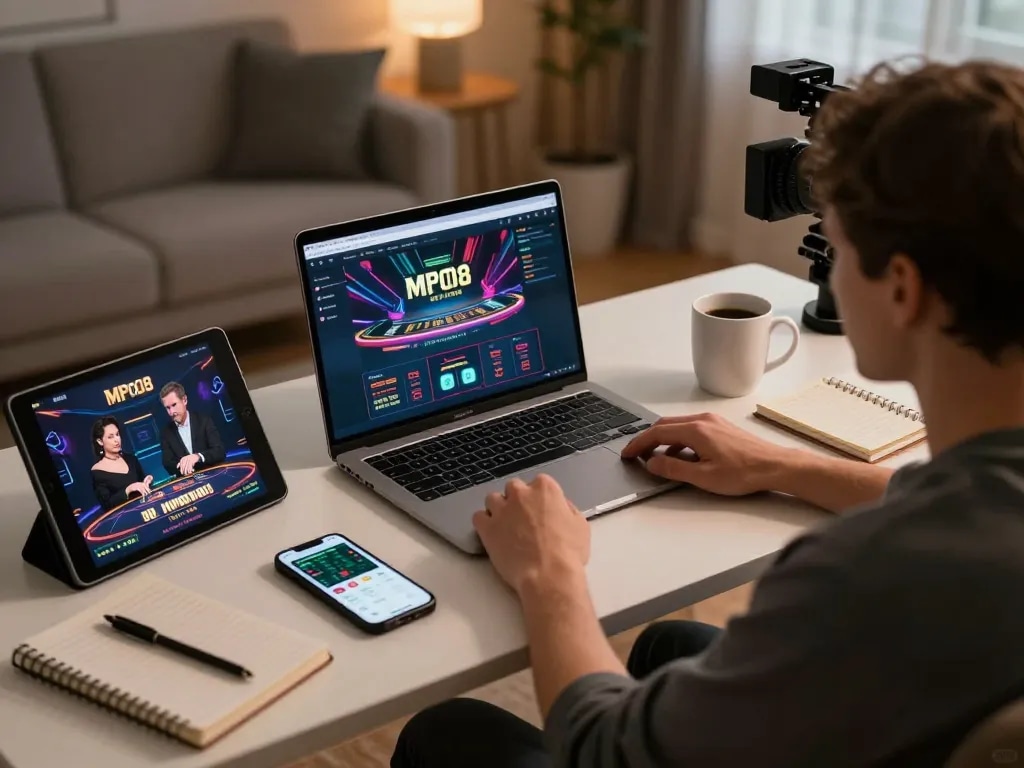 Engage with exciting gameplay on MPO08 Link from a cozy home gaming setup featuring a laptop.