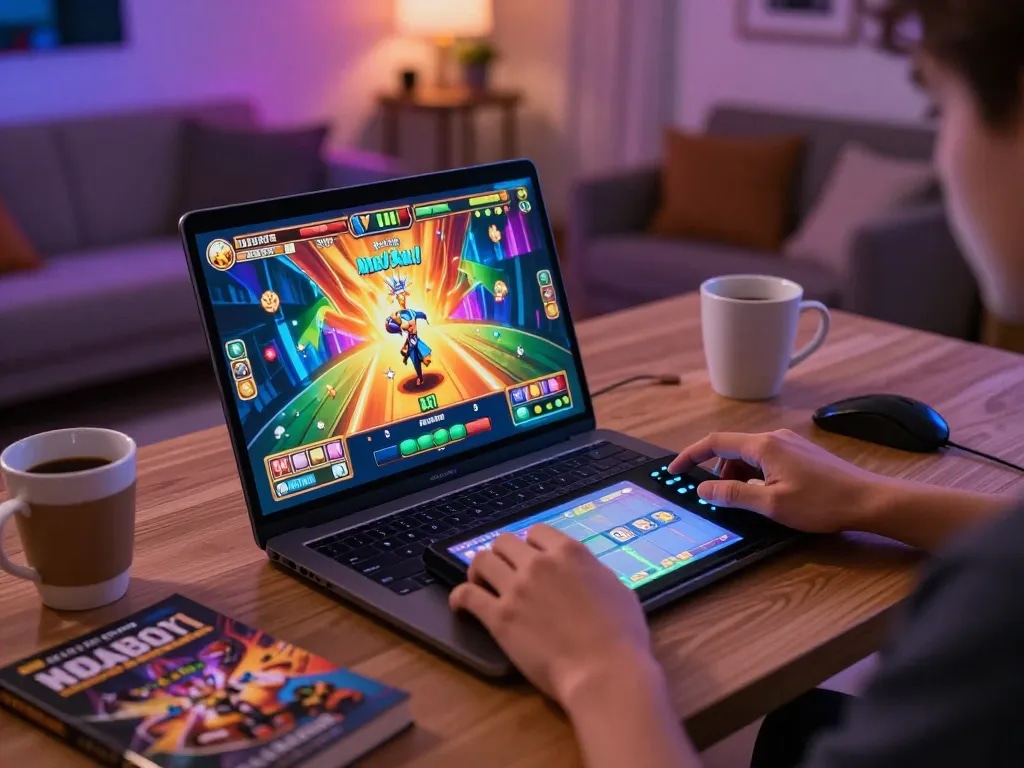 Orang yang bermain slot audio-visual di laptop sambil menikmati kenyamanan rumah, menunjukkan kesenangan dari permainan alfa 138