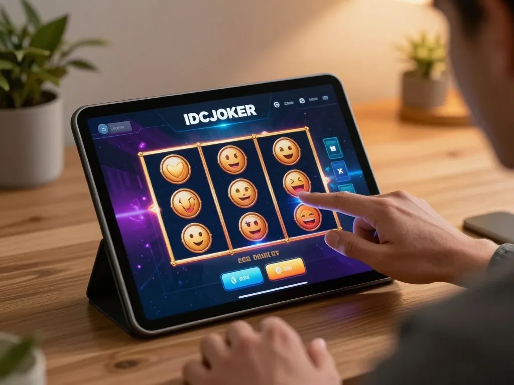 Player engaging with IDCJOKER's vibrant slot machine on tablet, capturing gaming excitement.