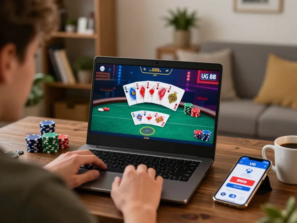Player enjoying poker on a laptop with UG 88 app visible, capturing the essence of online gaming.