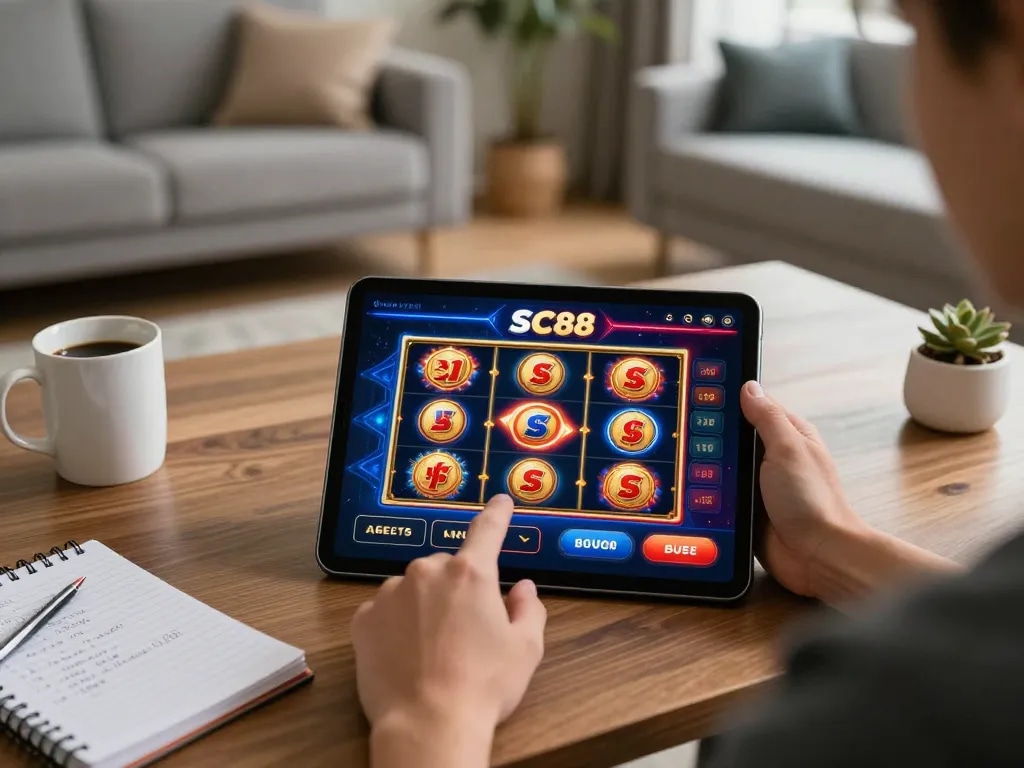Playing slots on SC88 app in a cozy home setup, enhancing online gambling experience