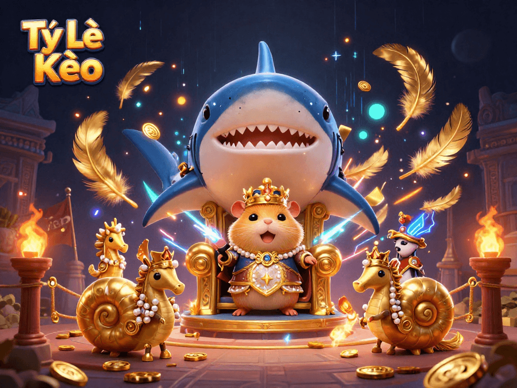 Tỷ Lệ Kèo showcases a dynamic scene with a hamster king on a shark throne amidst betting coins and vibrant elements.