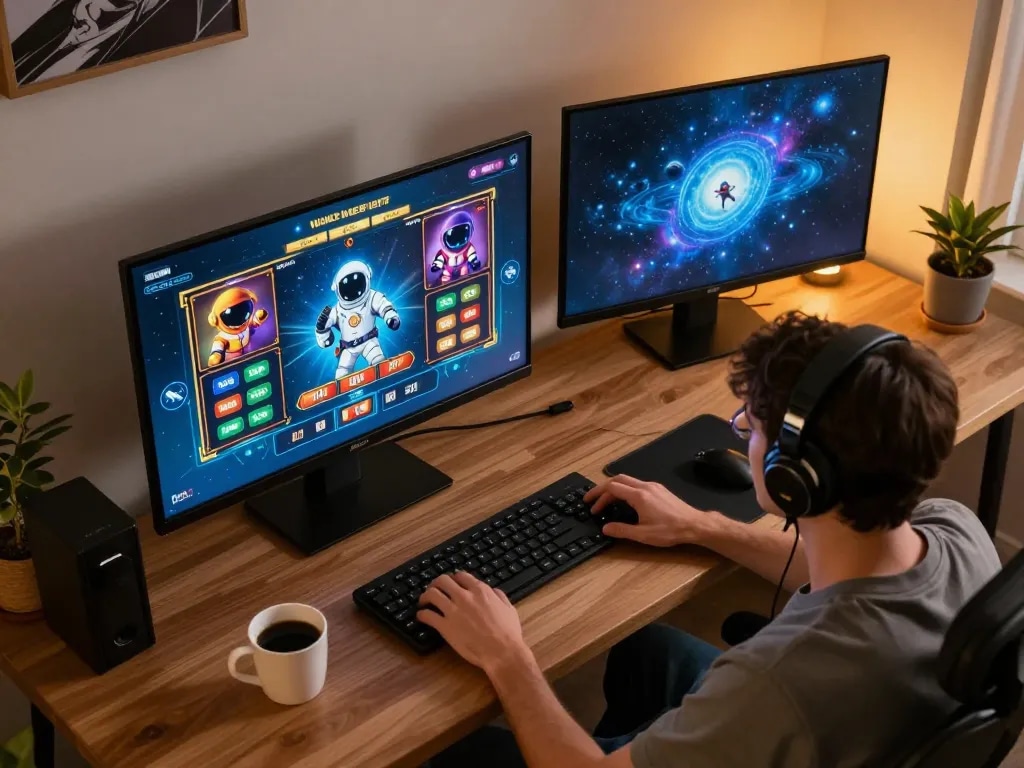 Berinteraksi dengan permainan slot spaceman dalam pengaturan permainan yang nyaman, menampilkan antarmuka taruhan dan grafik yang cerah.