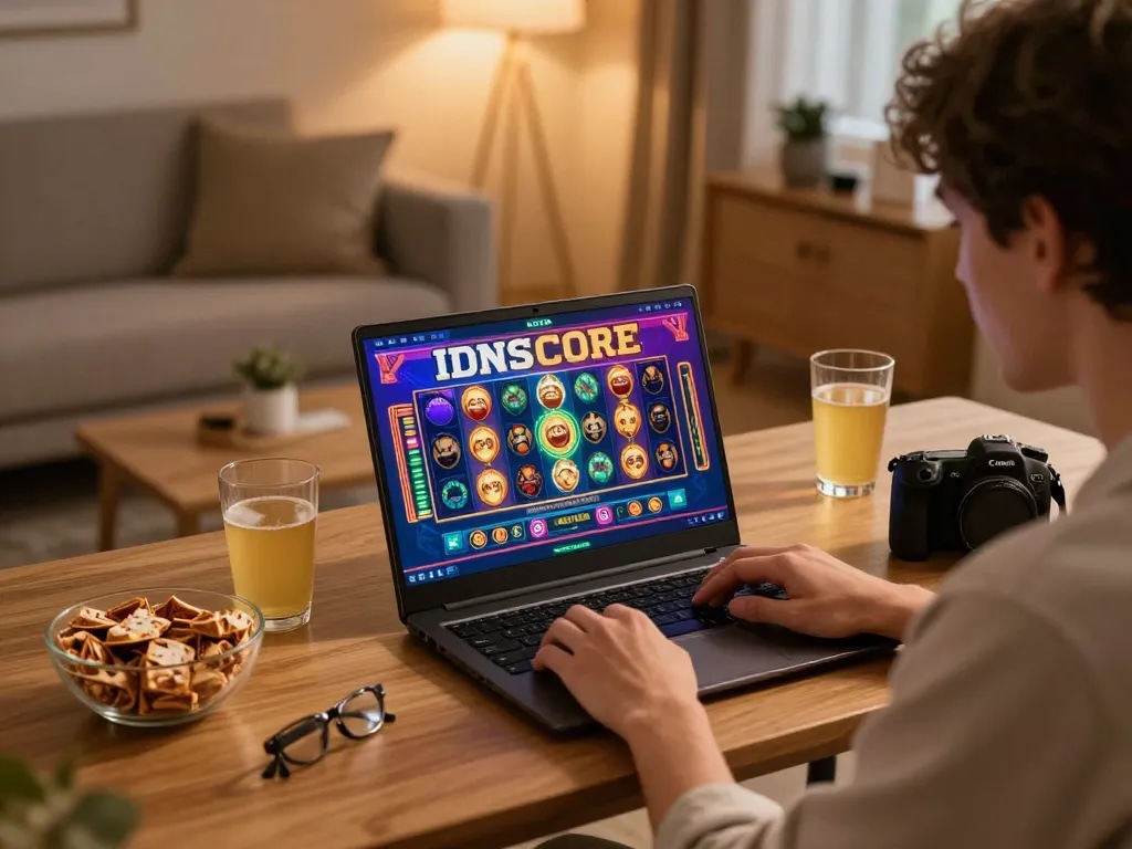 IDNSCORE online gaming moment at home with engaging slot machines on laptop and cozy atmosphere.