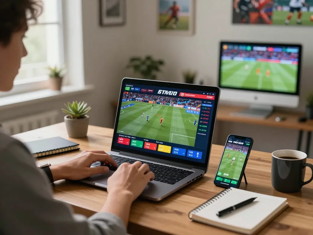 Menariknya adegan taruhan olahraga online yang menampilkan login m88 di laptop dan smartphone, menangkap antusiasme untuk acara langsung