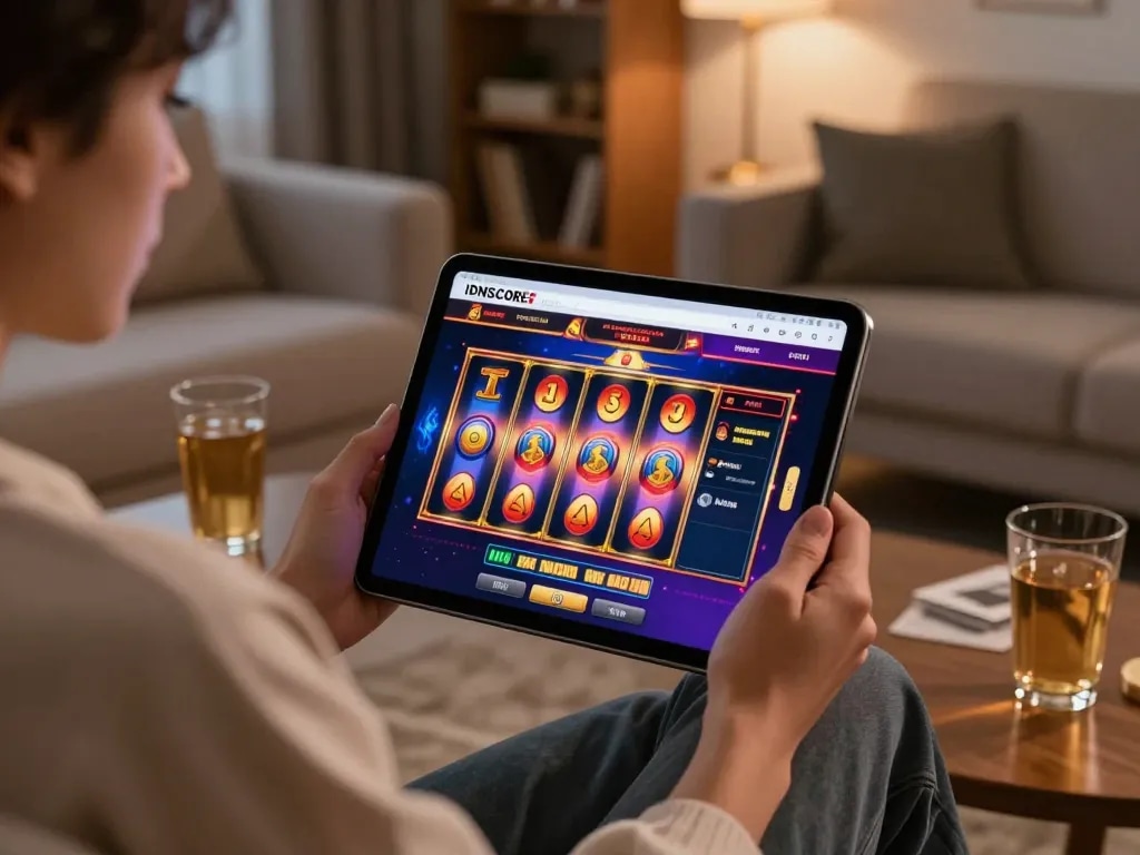 IDNSCORE RESMI user enjoying online casino slots from home, showcasing vibrant game interface on tablet.