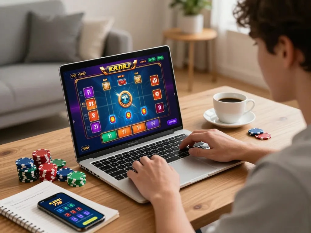 KADAL 778 online gaming scene with a player focused on winning strategies at their laptop during an engaging casino game.