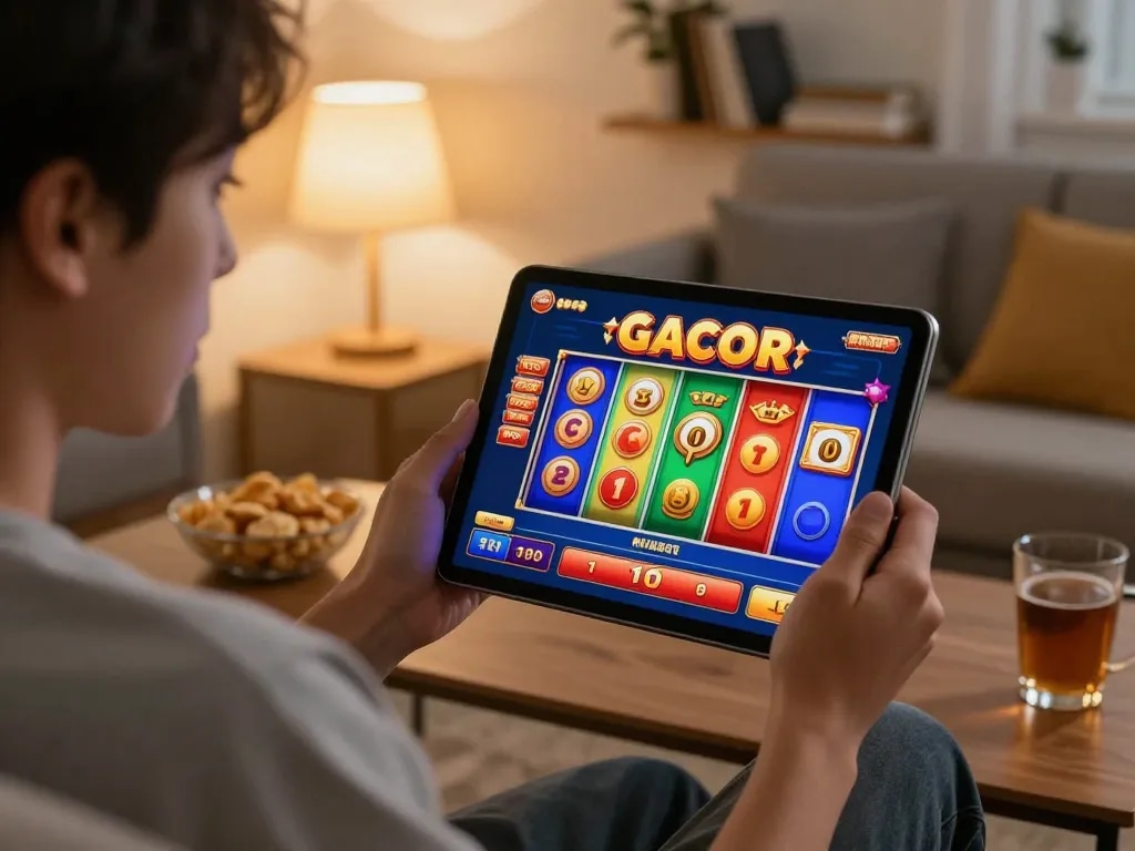SLOT GACOR gaming interface on a tablet in a cozy living room, showcasing responsible gaming