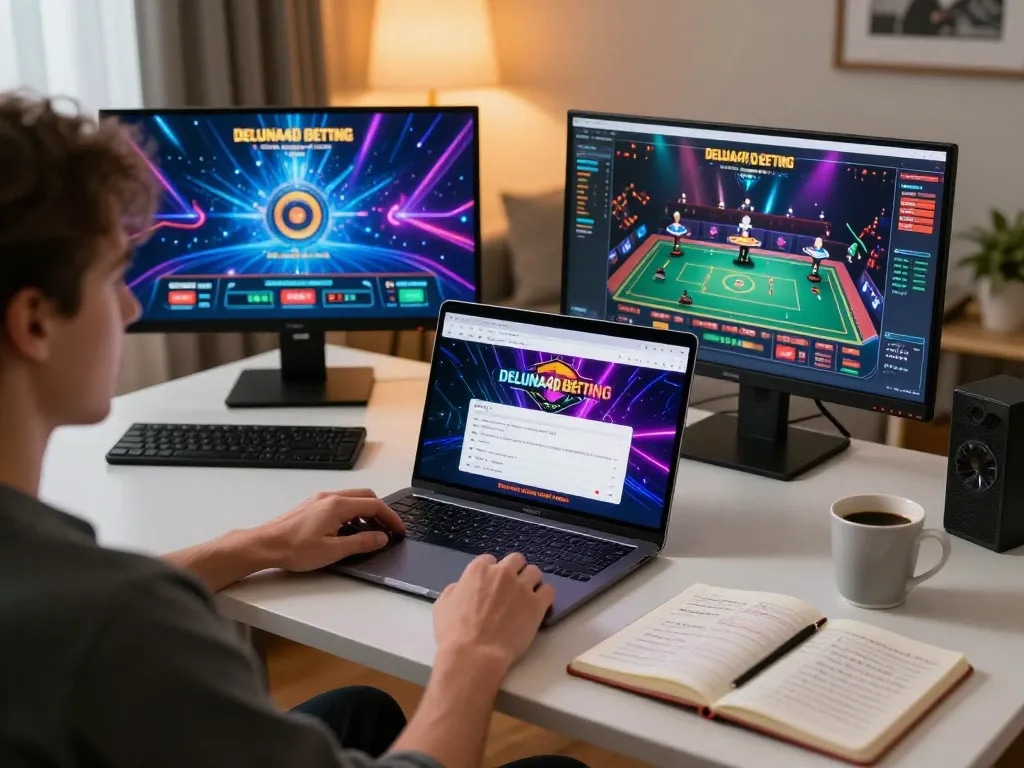 Scene permainan online yang menarik menampilkan antarmuka taruhan link deluna4d di laptop yang ramping dengan catatan strategis terlihat