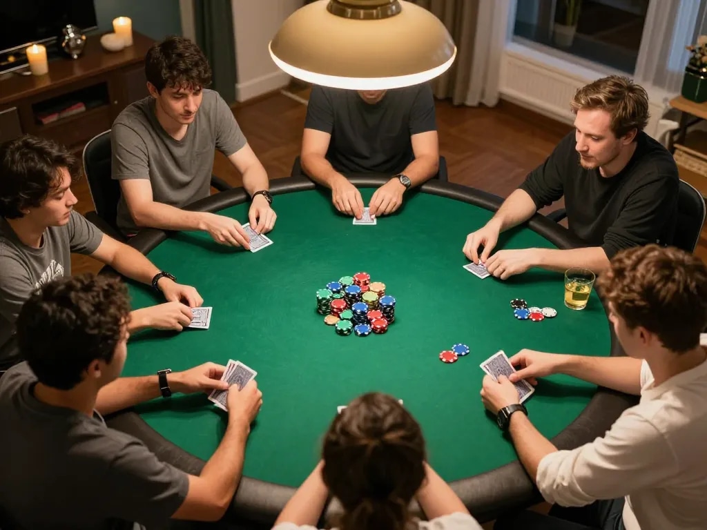 Suasana permainan poker yang menawan menunjukkan strategi dan interaksi sosial dengan pemain di meja di oracle apps hub.