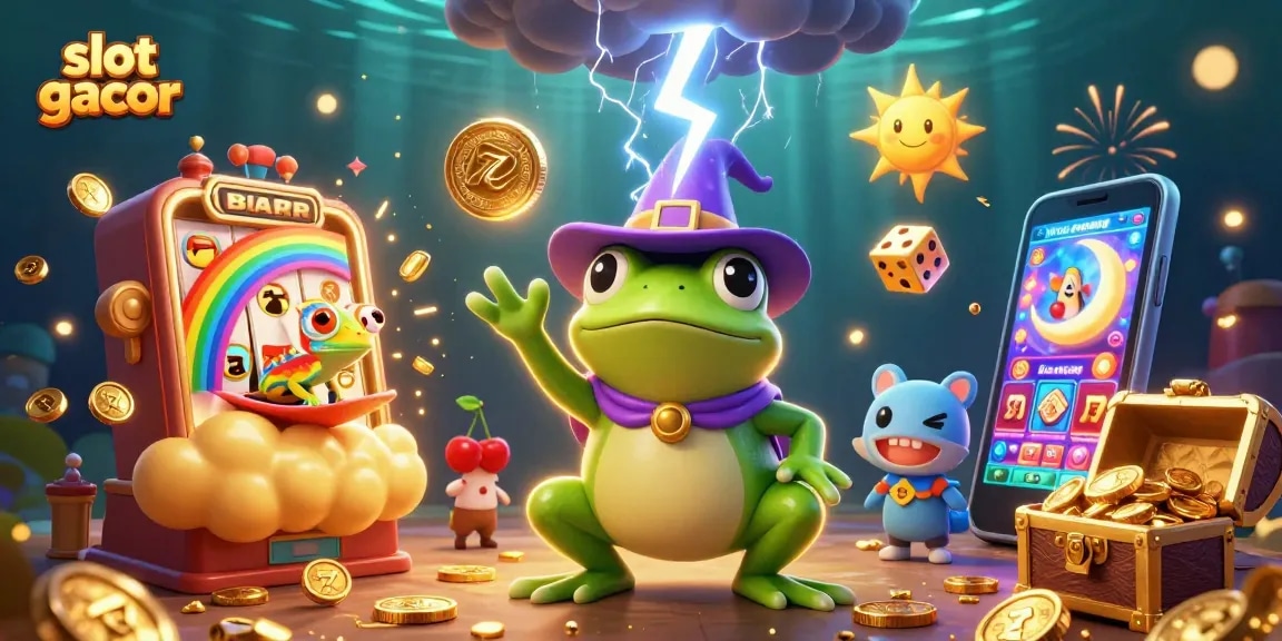 Bermain slot gacor dengan kekayaan emas terbang di udara dan simbol keberuntungan yang berkilauan.