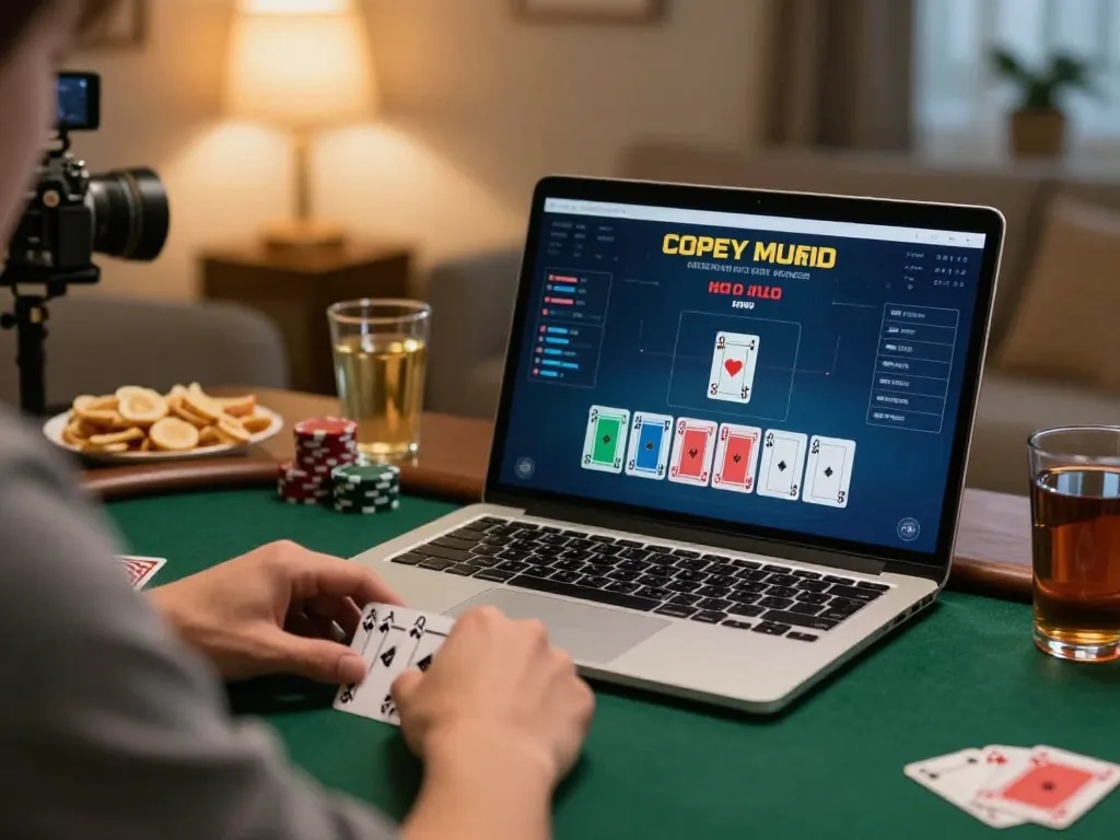 Playing poker online while registering for DAFTAR IDNSCORE, showcasing a strategic betting moment in a cozy home setting.
