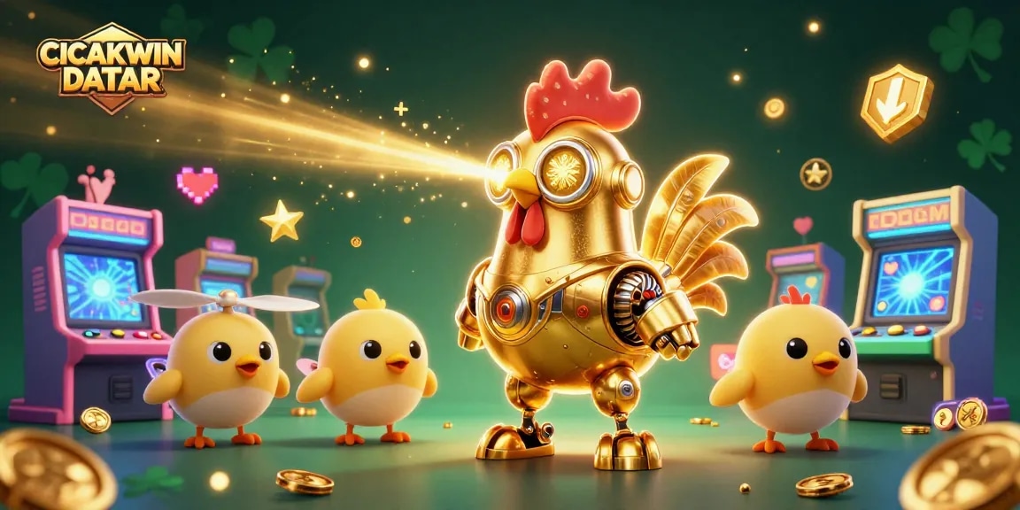 CICAKWIN DATAR showcases exciting gaming action with a golden rooster robot and drones, surrounded by arcade elements.