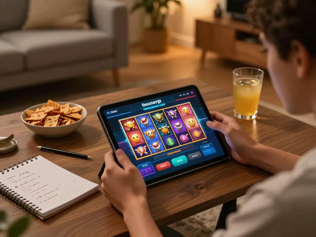Player enjoying slots on boosterjp app at home with tablet, showcasing fun and relaxation.