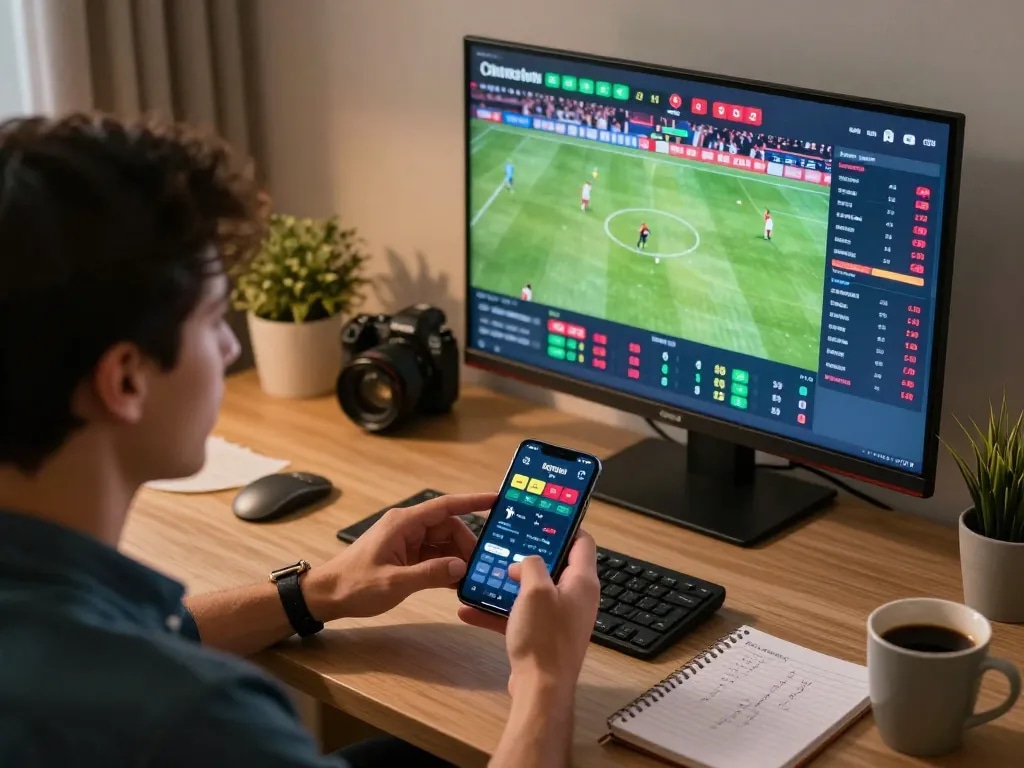 Engaged bettor analyzing sports with the bongdalu pro app at home, featuring odds and matches.