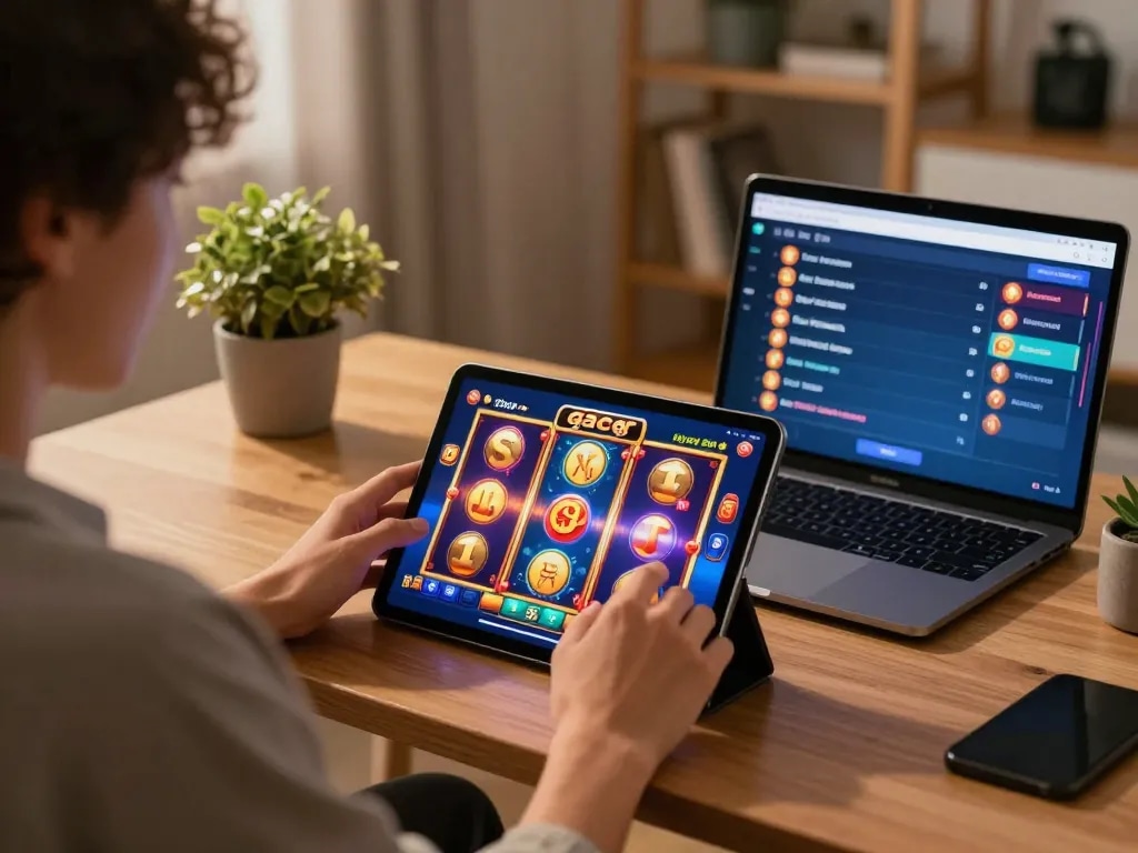 Playing slot gacor on tablet, showcasing vibrant reels and dynamic gameplay in a cozy home setting.