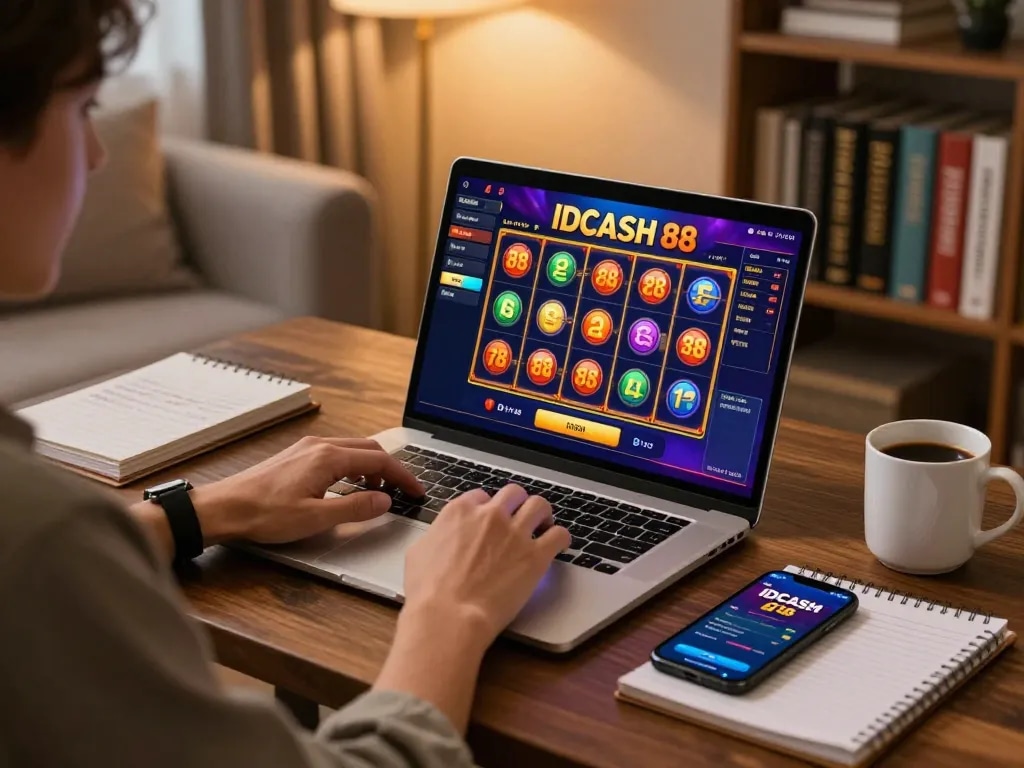 Engaging with IDCASH 88 online gaming experience at home, capturing strategy and excitement in a vibrant setup.