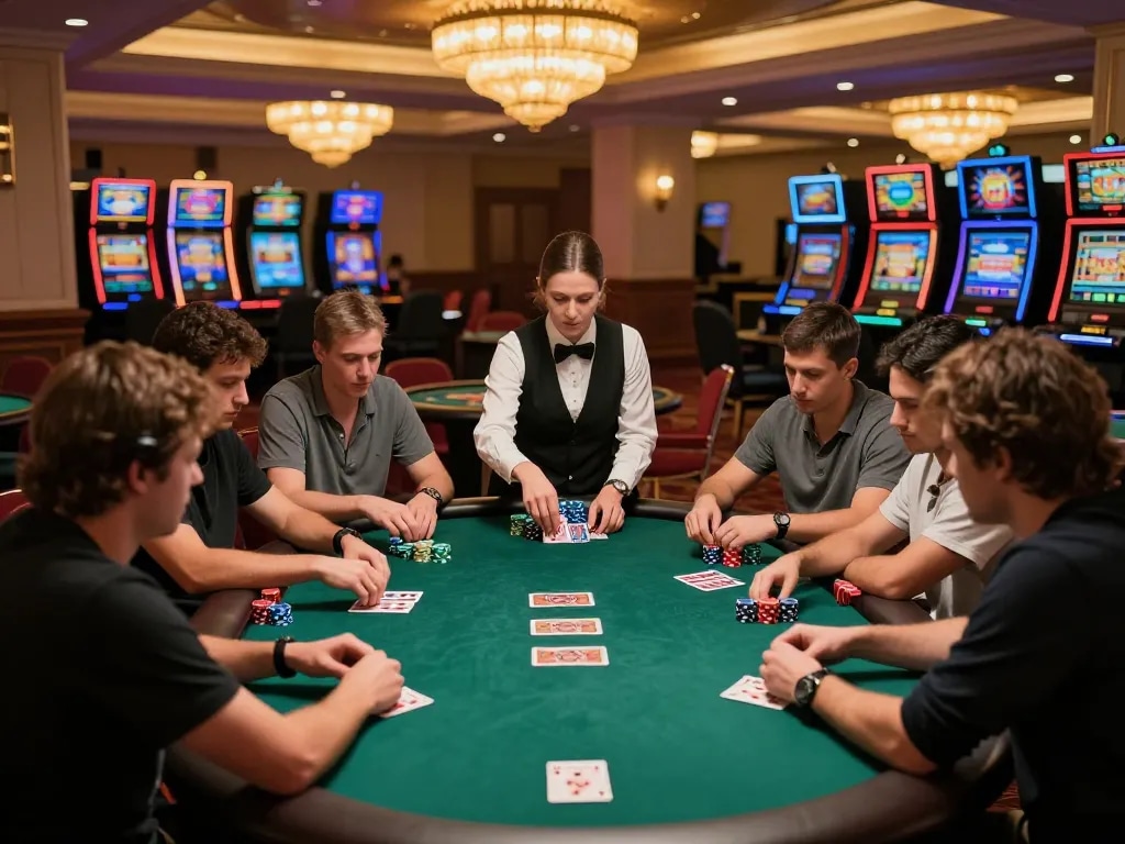 Engaged players at a qqslotjepe poker table, immersed in a high-stakes game amidst a luxurious casino ambiance.