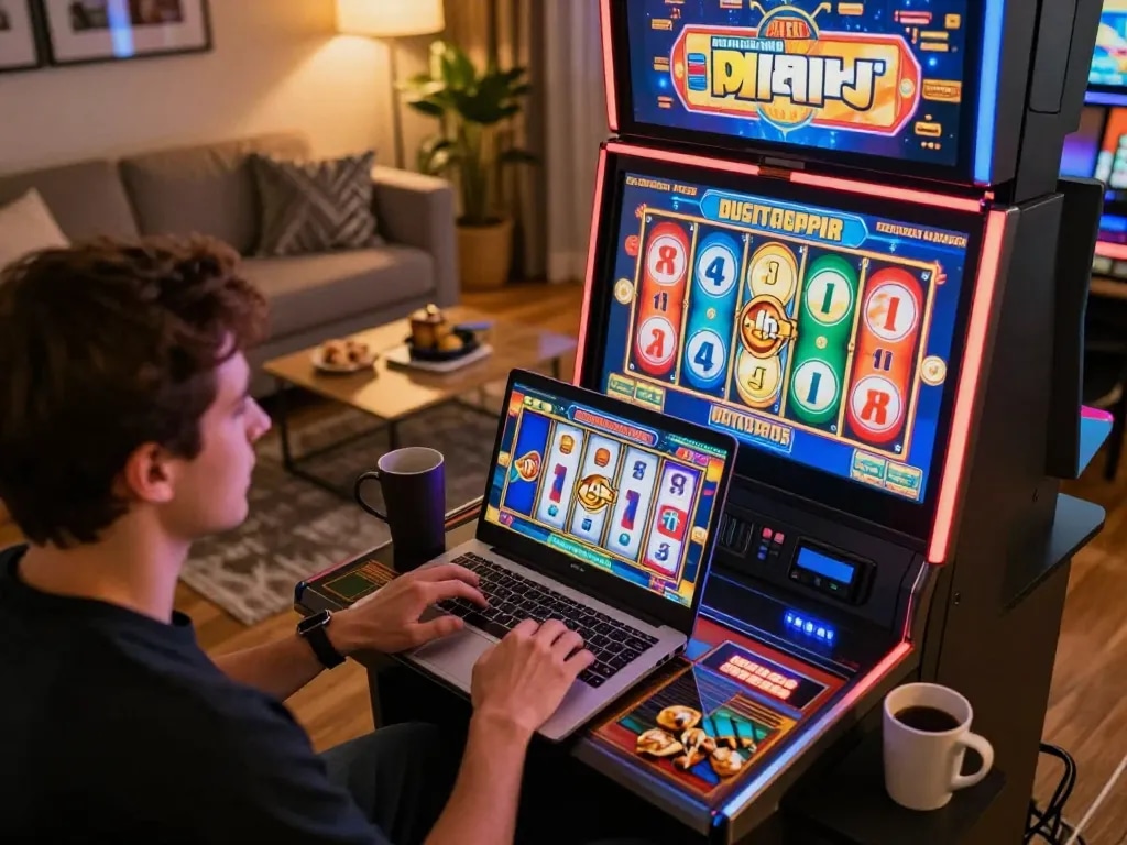 Player enjoying SIS4D online slots on laptop, showcasing exciting gameplay and strategic winning potential
