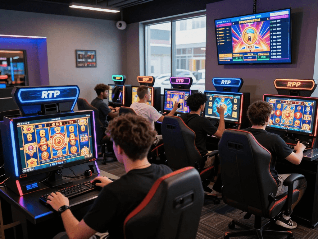 Exciting gaming atmosphere at situs slot gacor with players celebrating wins, vibrant slot graphics, and promotional displays.