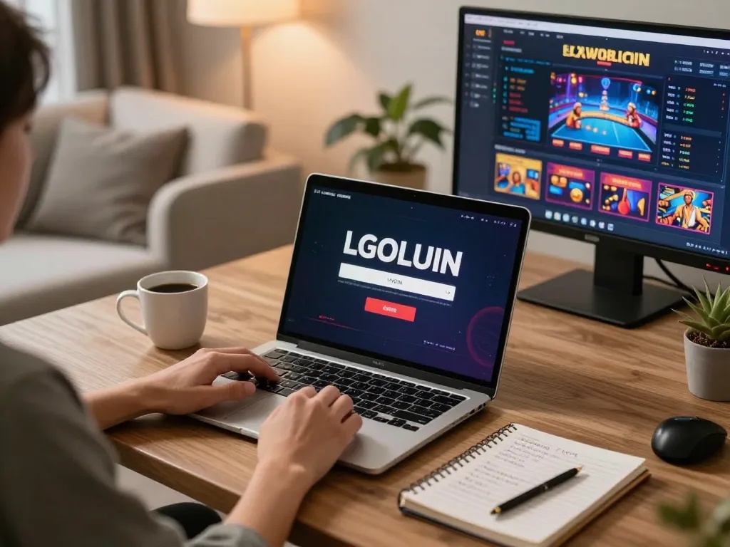 Login to LGOLUX on a stylish laptop while enjoying a cozy home gaming setup.