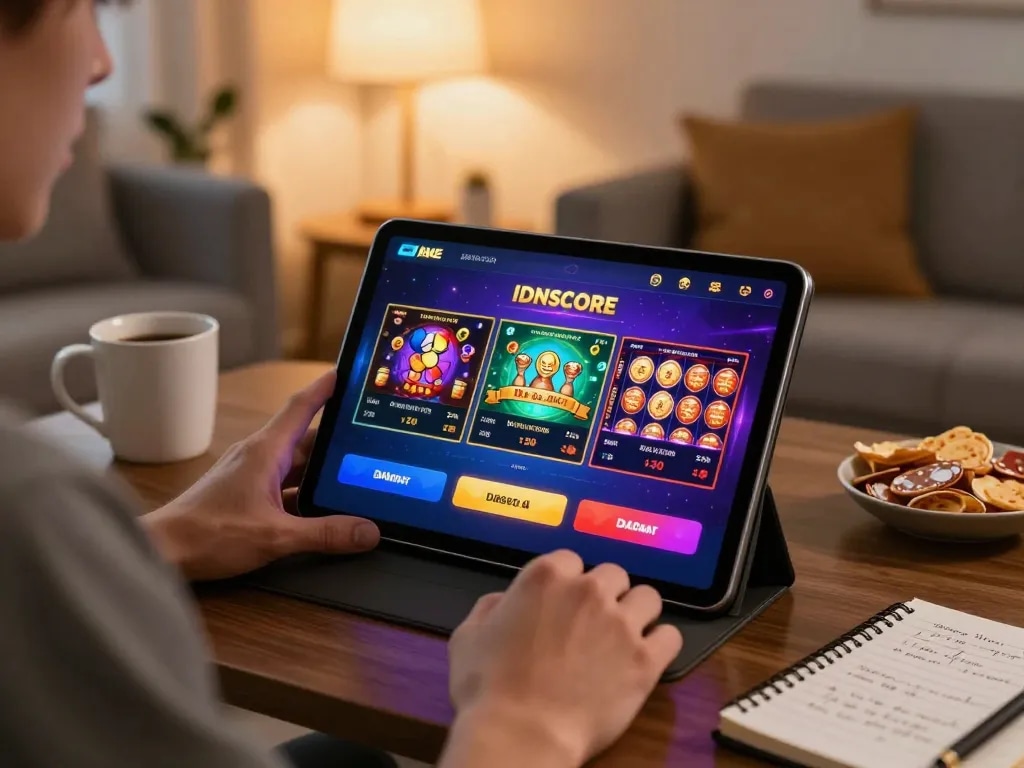 IDNSCORE player engaging with colorful online casino games on a tablet in cozy living room setting.