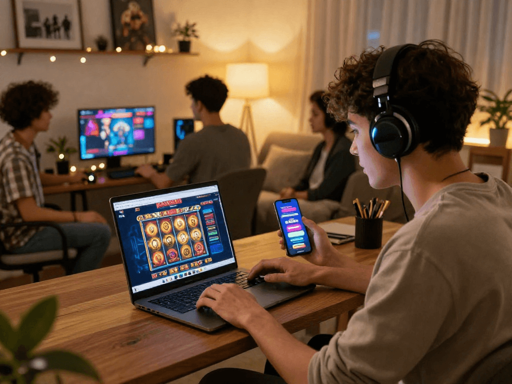 Engaging players enjoying situs slot terbaru at PAKHOKI with vibrant graphics and cozy gaming atmosphere.