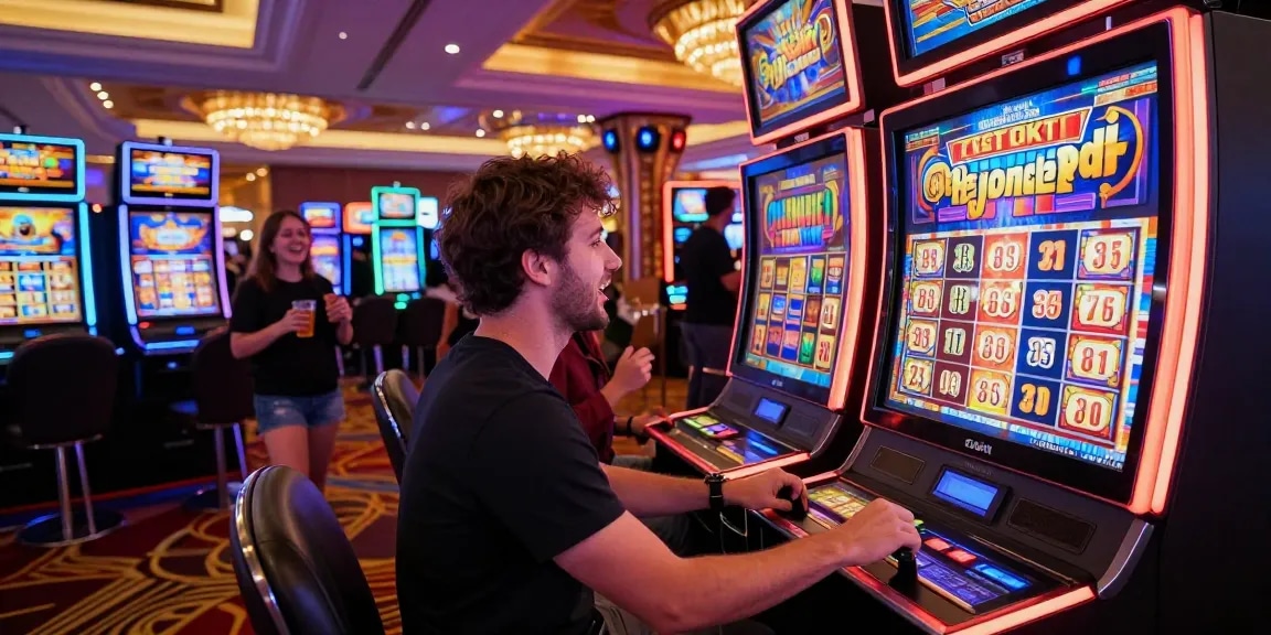 Exciting slot gaming moment in a lively casino atmosphere with players and colorful machines.