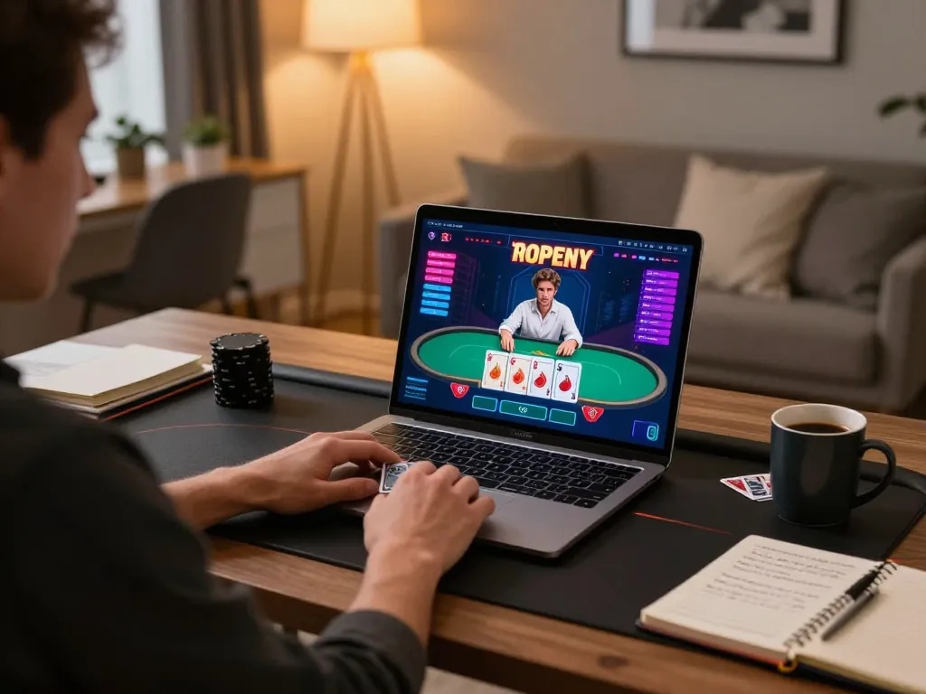 Engaging in strategic online poker game using tr88 platform from a stylish home setup.