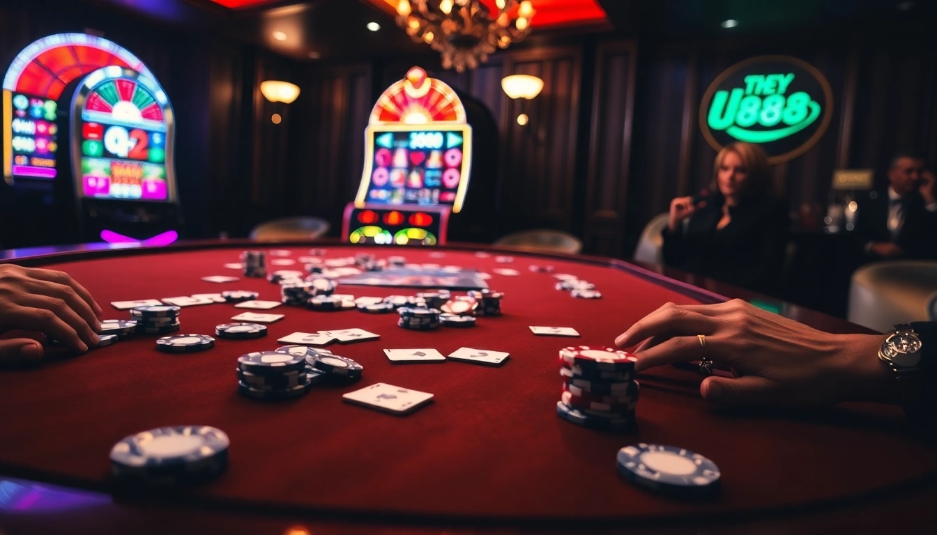 Experience thrilling gameplay at U 888 with a vibrant poker table and exciting slot machines.