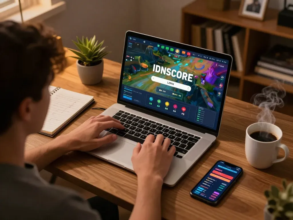 Engaging IDNSCORE LOGIN experience showcased on a laptop, highlighting online gaming excitement and strategy.
