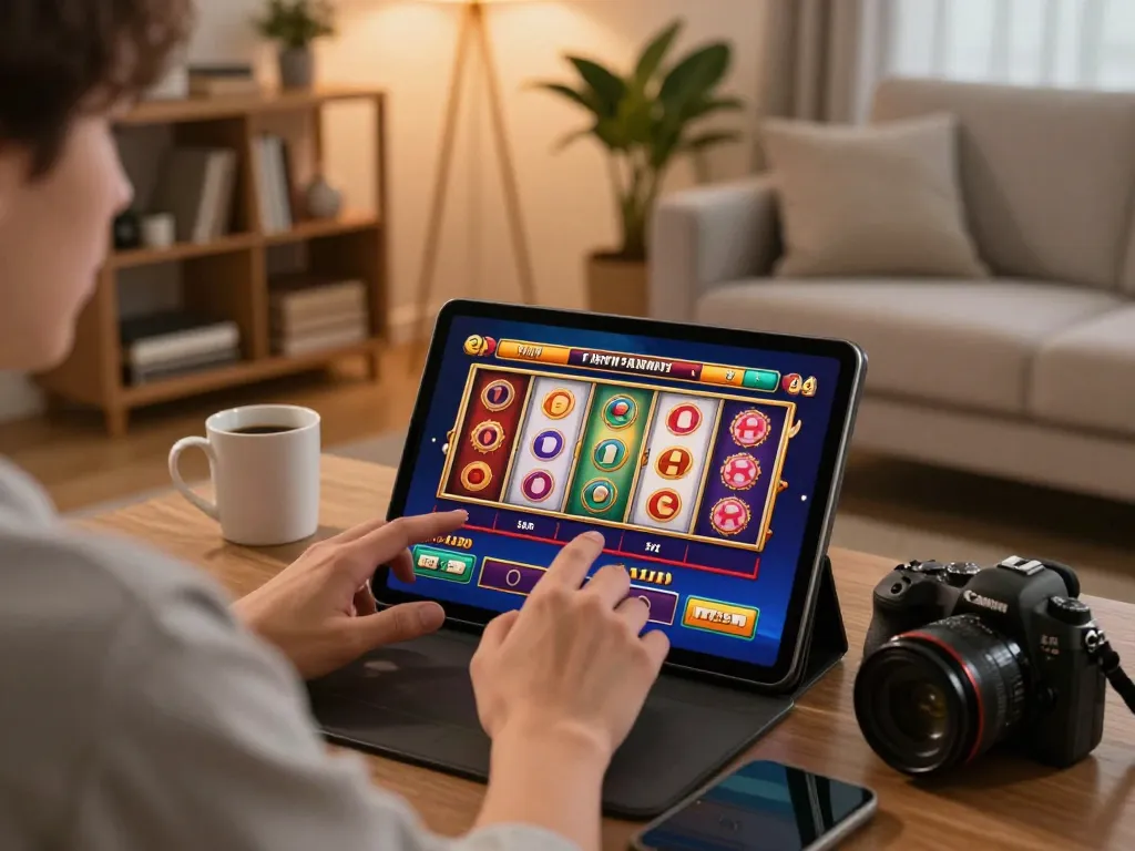 SATRIA123 player engaging with colorful slot games on a tablet in a cozy living room setting, emphasizing responsible gaming.