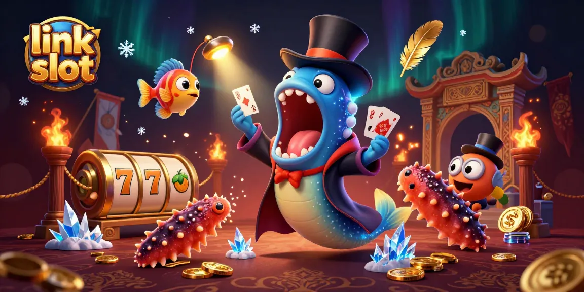 Slot slot link menampilkan gulper eel pelangi dan ikan pemancing dalam suasana kasino yang meriah.