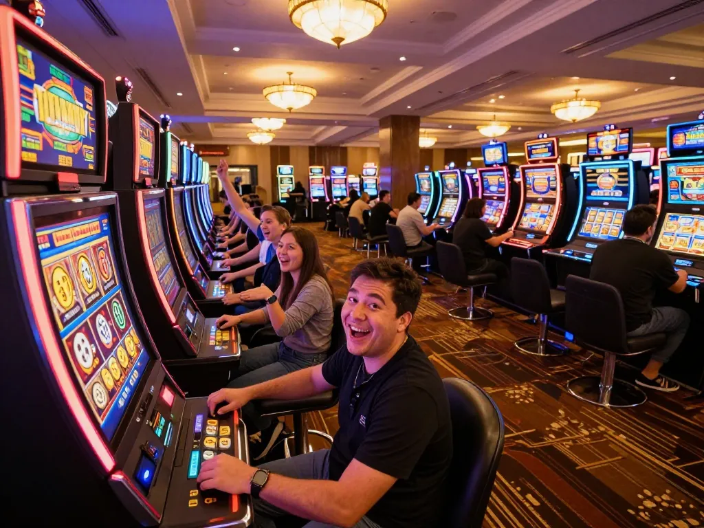 Experience the excitement of slot macau resmi with players cheering at a vibrant casino.
