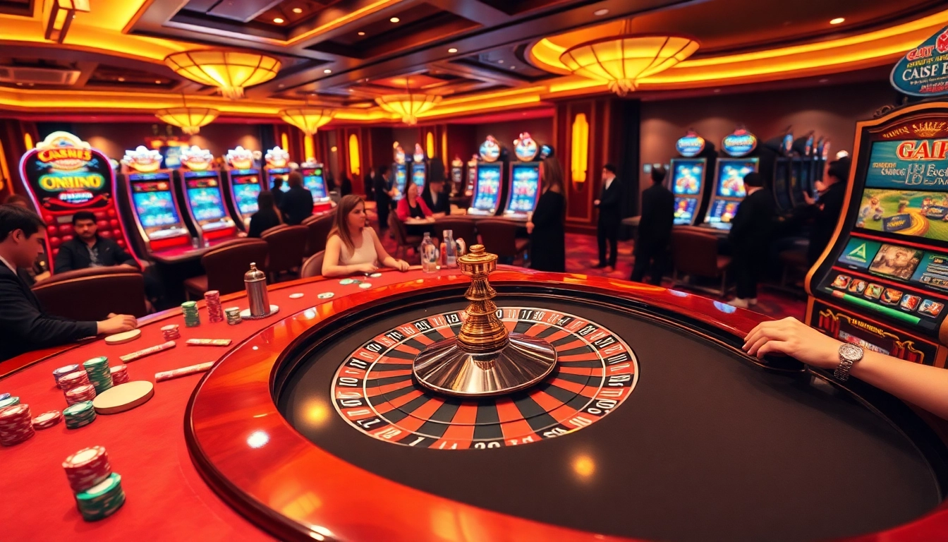 A thrilling scene at GG88 showcasing enthusiastic players at a luxurious casino table with poker chips.