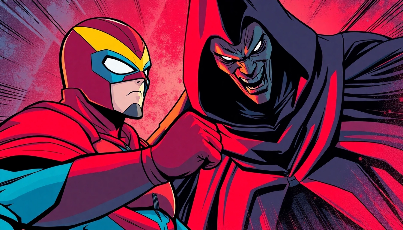Menyajikan komikcast, karakter pahlawan dan penjahat dalam pertarungan epik.
