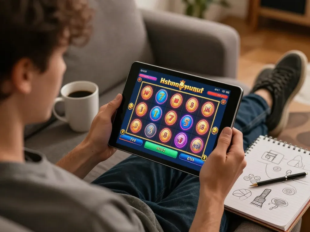Terlibat dalam permainan slot depo 5k online dengan tablet, menampilkan gulungan berputar yang berwarna-warni.