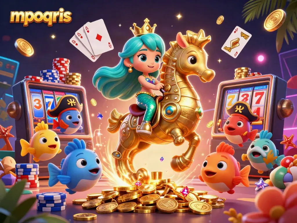 Ilustrasi mpoqris yang menampilkan putri duyung 3D dan seahorse emas dalam pengaturan kasino yang penuh warna.